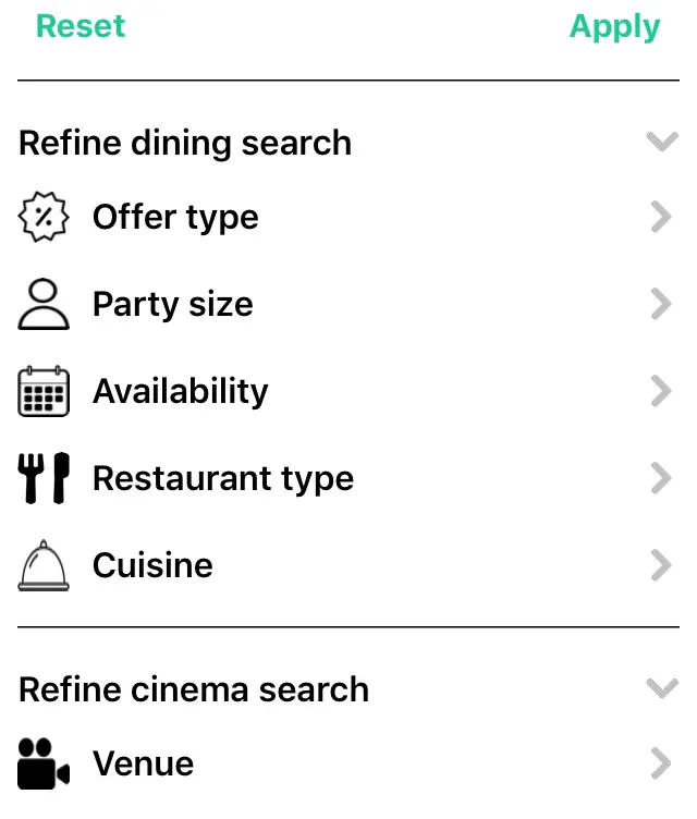 tastecard filter restaurants