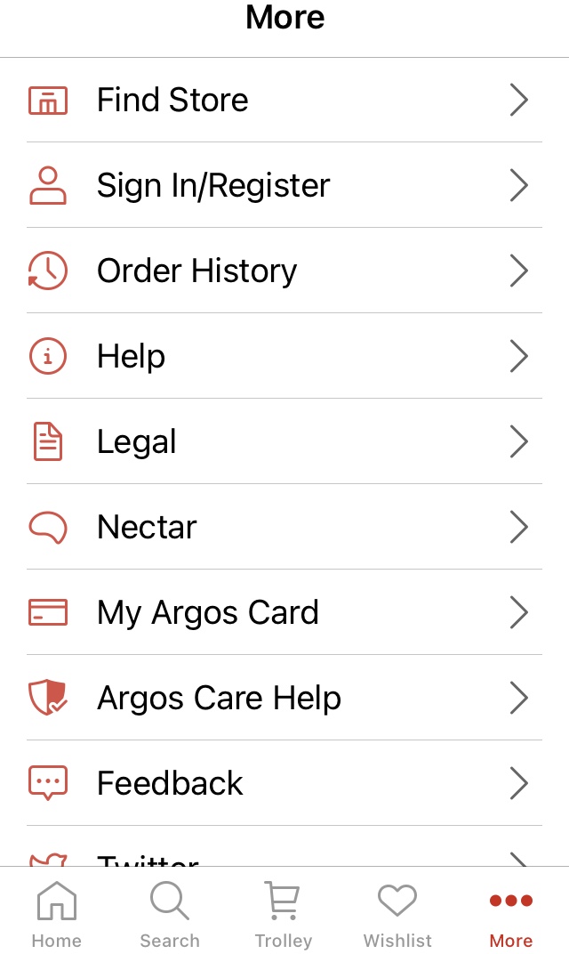 Argos App Menu to find Nectar