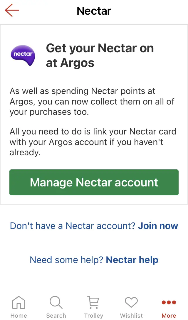 Nectar Page on Argos App