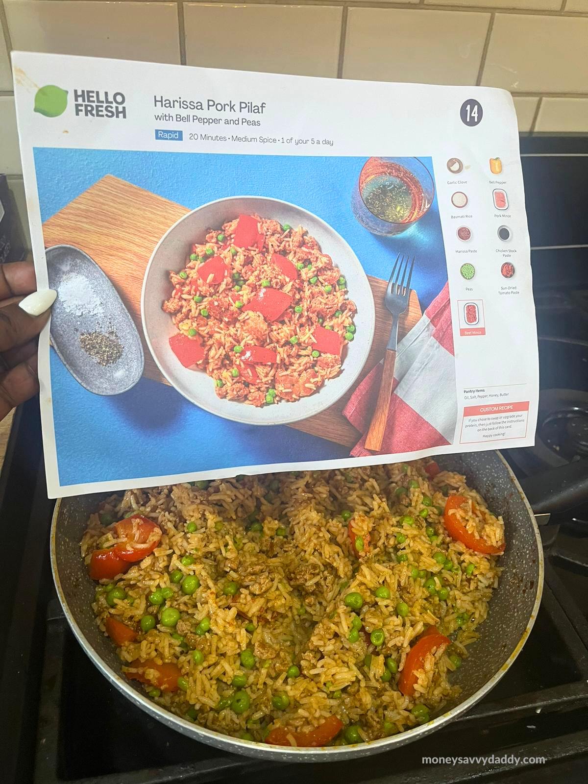 Cooked HelloFresh Harrissa Pilaf Pork and recipe card