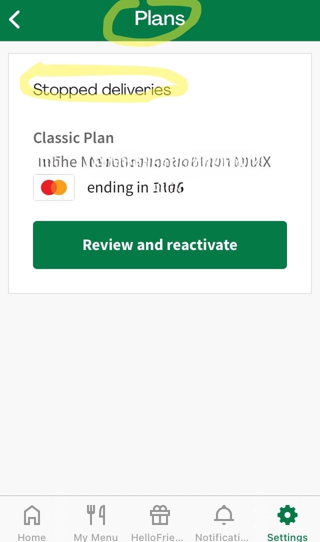 HellloFresh App Plan Settings -Stopped Deliveries