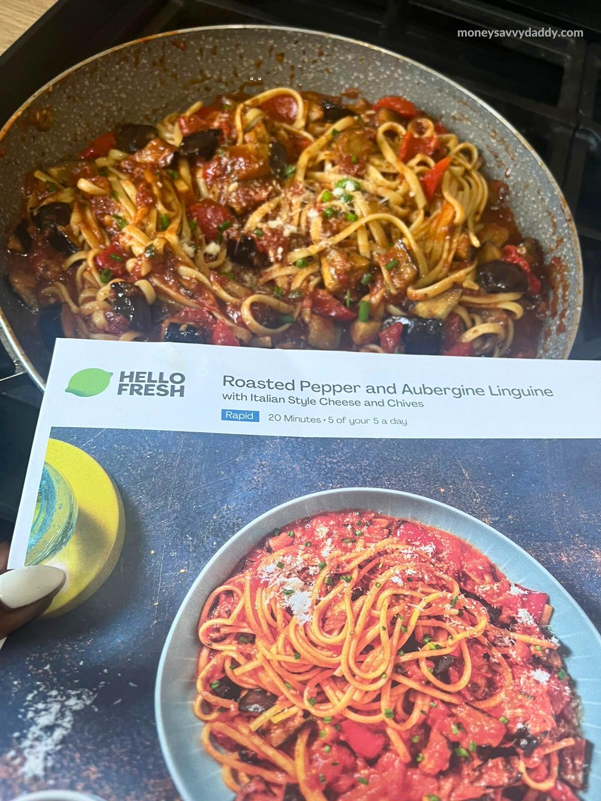 HelloFresh cooked Roasted Pepper and Aubergine Linguine and recipe card