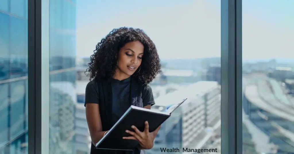 Woman Investor with view from Skyscraper backdrop