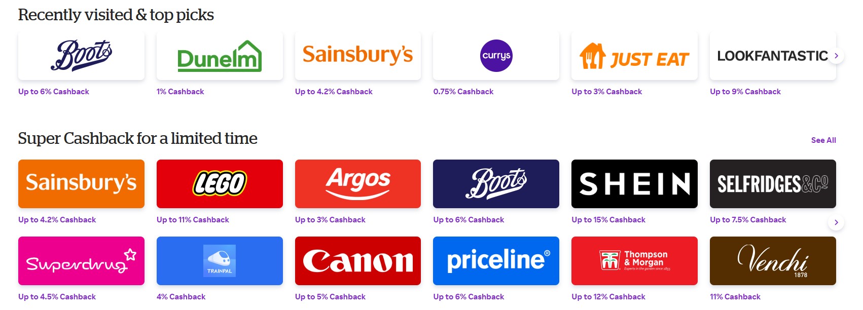 Example of some Rakuten Cashback brands